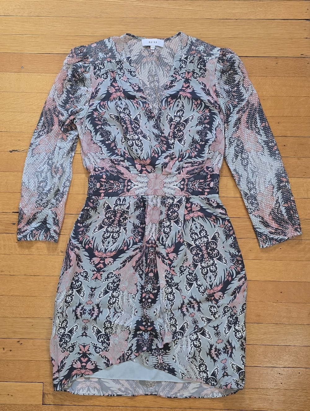 REISS, Lacey Printed Midi Dress, Slate Blue & Pink, EUC, Women's 2